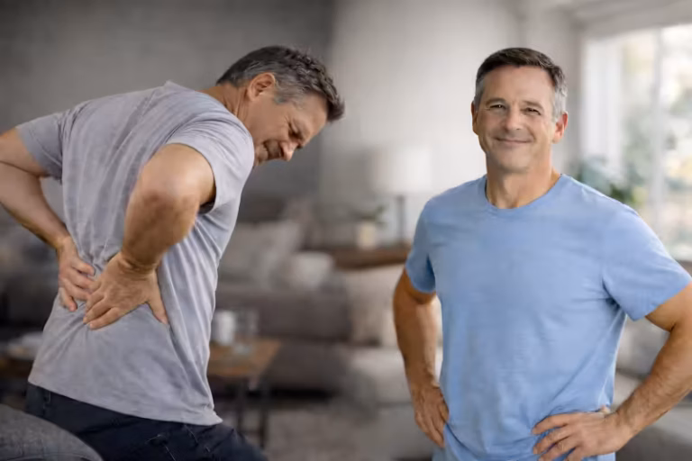 Homme souffrant de douleurs lombaires avant et après accompagnement en hypnose pour améliorer sa santé et son bien-être face aux douleurs chroniques.