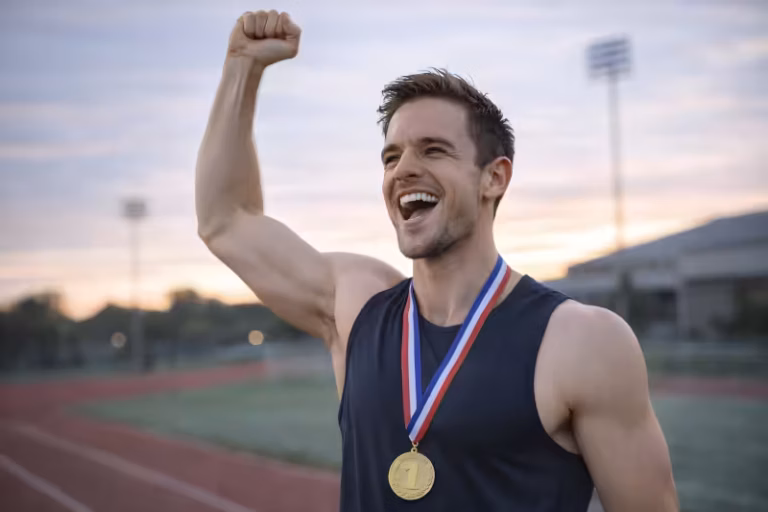 Sportif souriant levant le poing avec médaille après une victoire, illustration de la performance sportive et du mental en compétition.