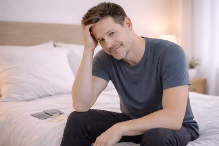 Homme en réflexion dans une chambre, représentant l’accompagnement en hypnose pour la santé sexuelle, le bien-être intime et l’harmonie du couple.